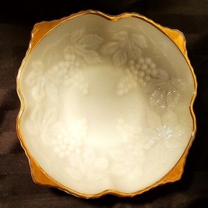 Anchor Hocking Milk Glass Bowl - Raised Grape gold trimmed with scalloped edging
